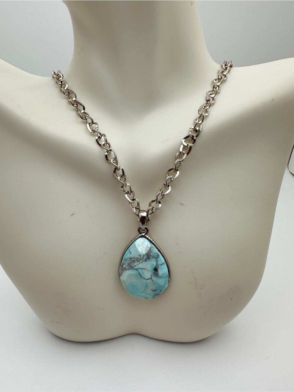 Silver Chain Necklace with Turquoise Teardrop Pendant - Women Jewelry